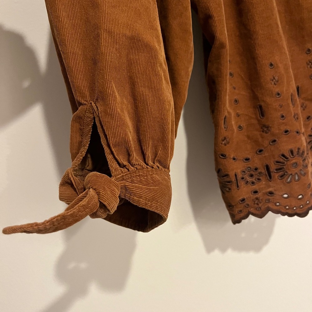 Madewell Shirt Embroidered Eyelet Corduroy Tie-Sleeve Top Brown Square Neck Med - Picture 6 of 8